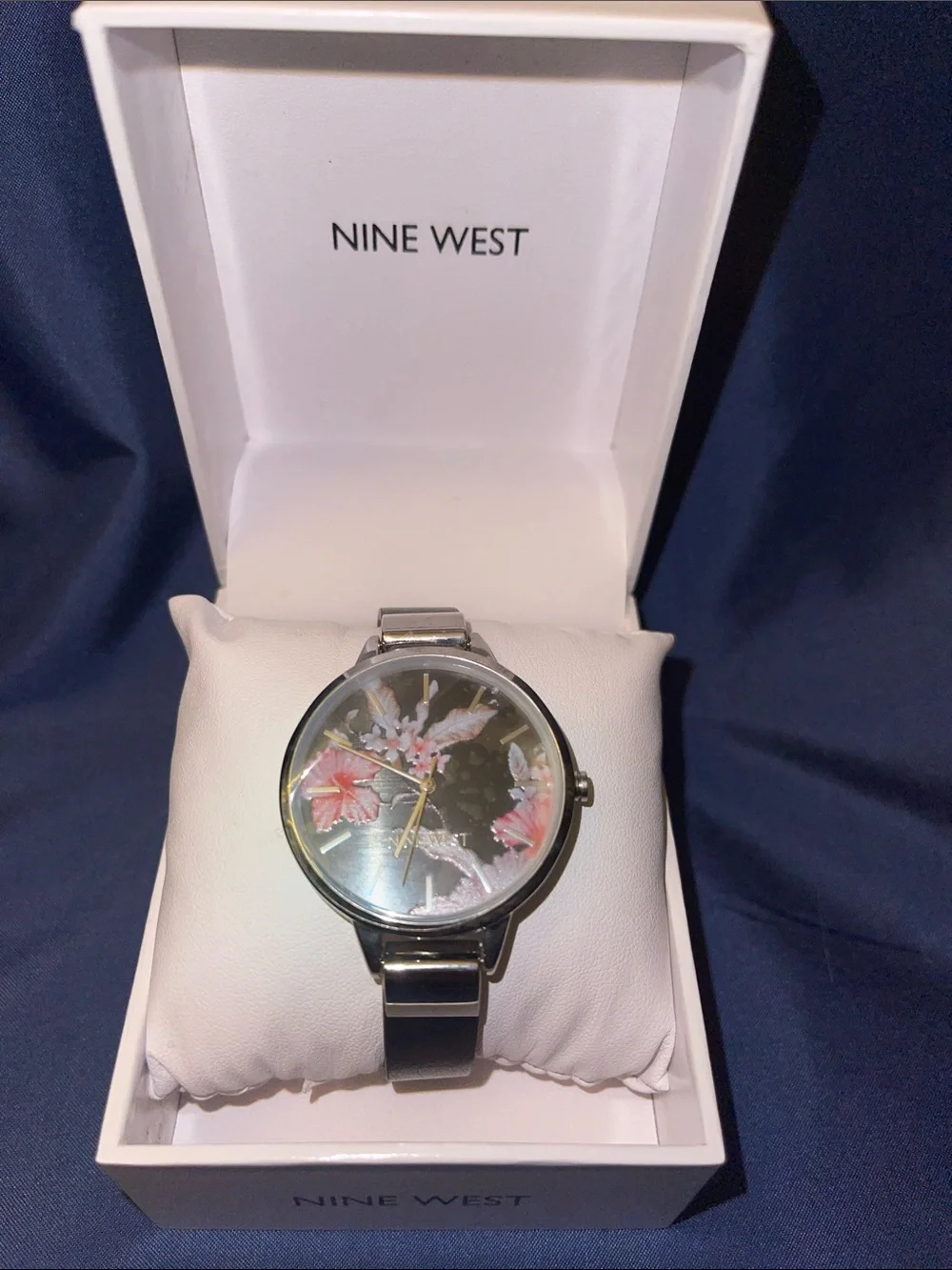Nine West Silver Bracelet Watch with Pink Floral Dial